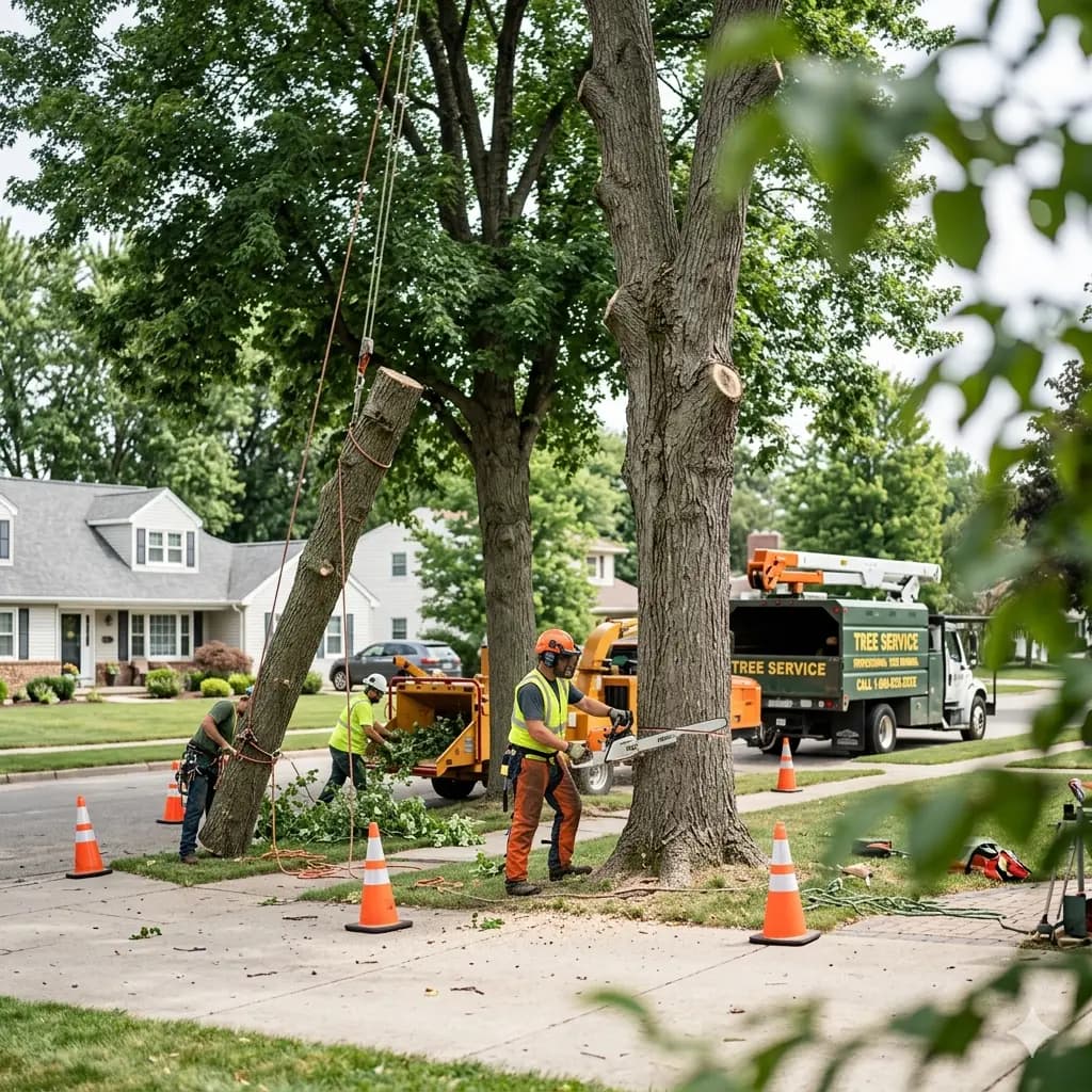 Arborist in a harness cutting a high tree limb near the water
