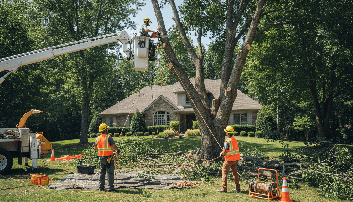 Tree removal crew rigging a large limb over a residential backyard with a crane